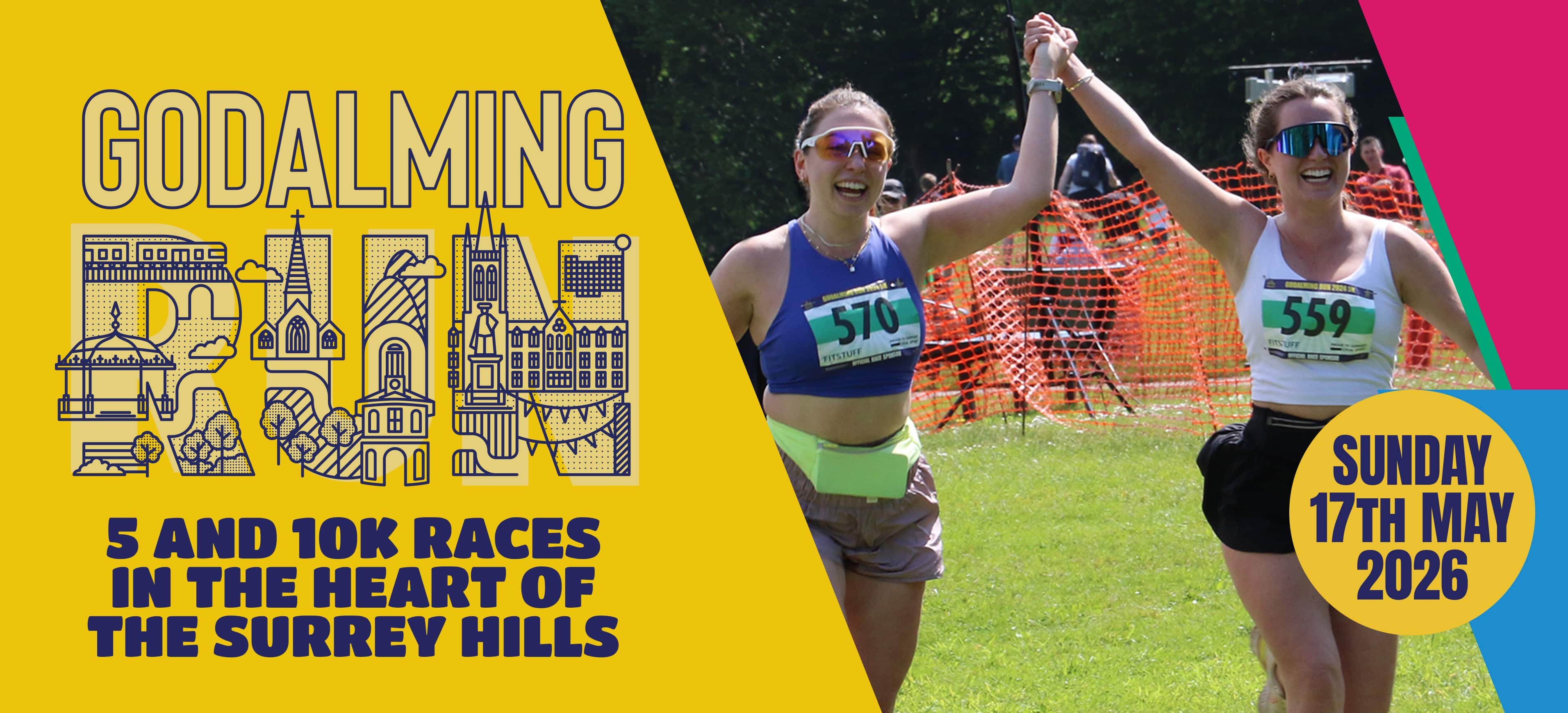 The Godalming Run&nbsp;-&nbsp;5k & 10k races through the streets of Godalming and off road among the Surrey Hills, including the grounds of Charterhouse public school. Plus a great Family Fun Run for kids and families.